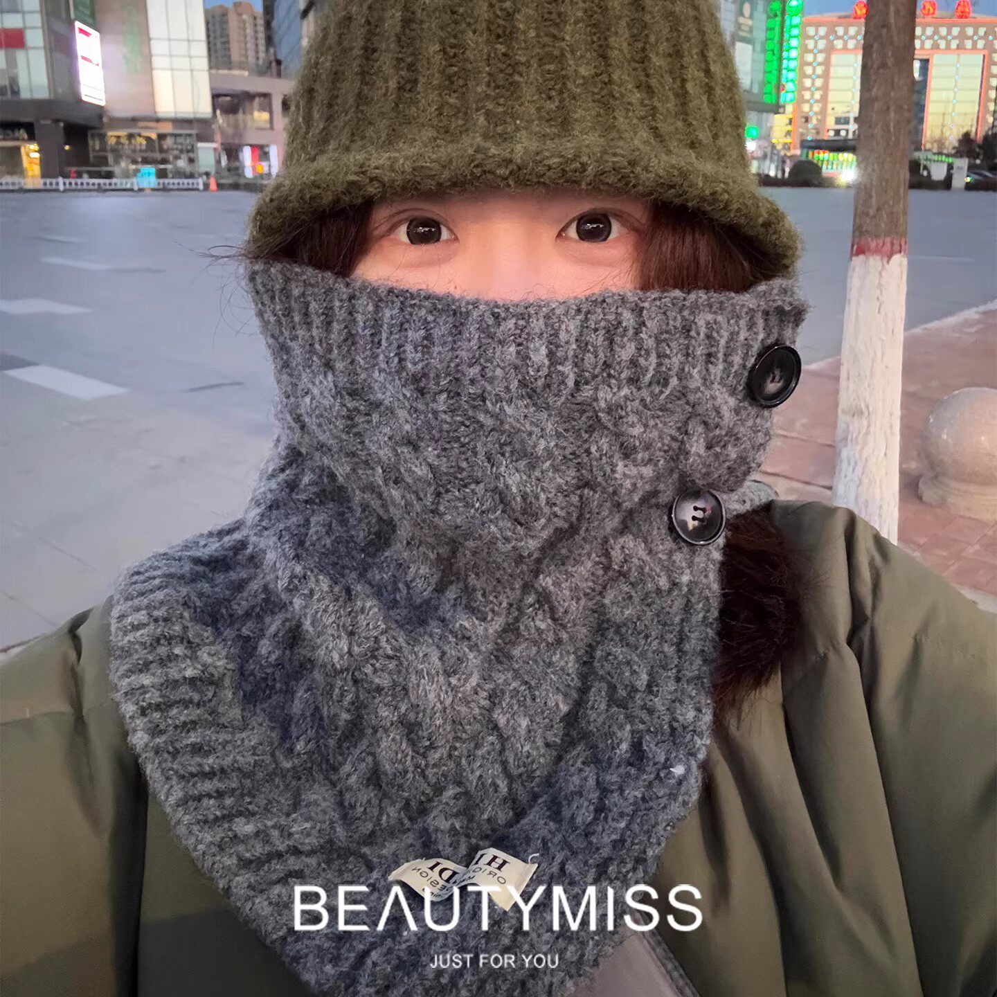 灰色针织麻花套头围脖冬季保暖脖套高领防寒围巾新品外套外搭护颈