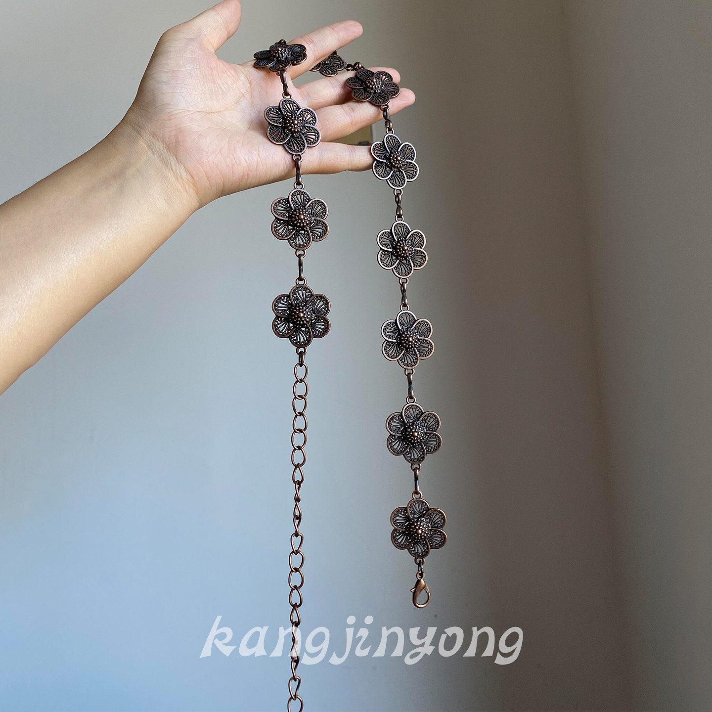 【褐铜花影】复古红铜色花朵腰链