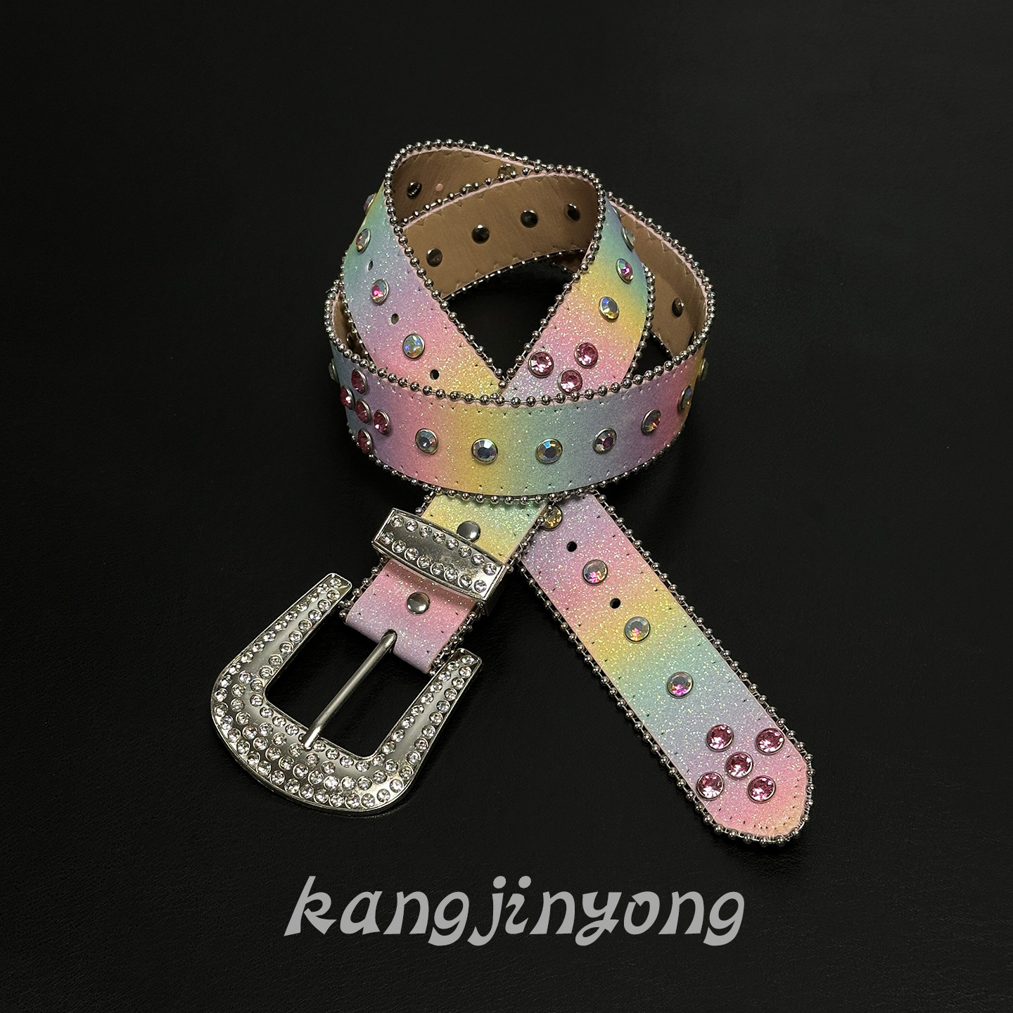 中古美式彩色渐变Y2K亮片腰带