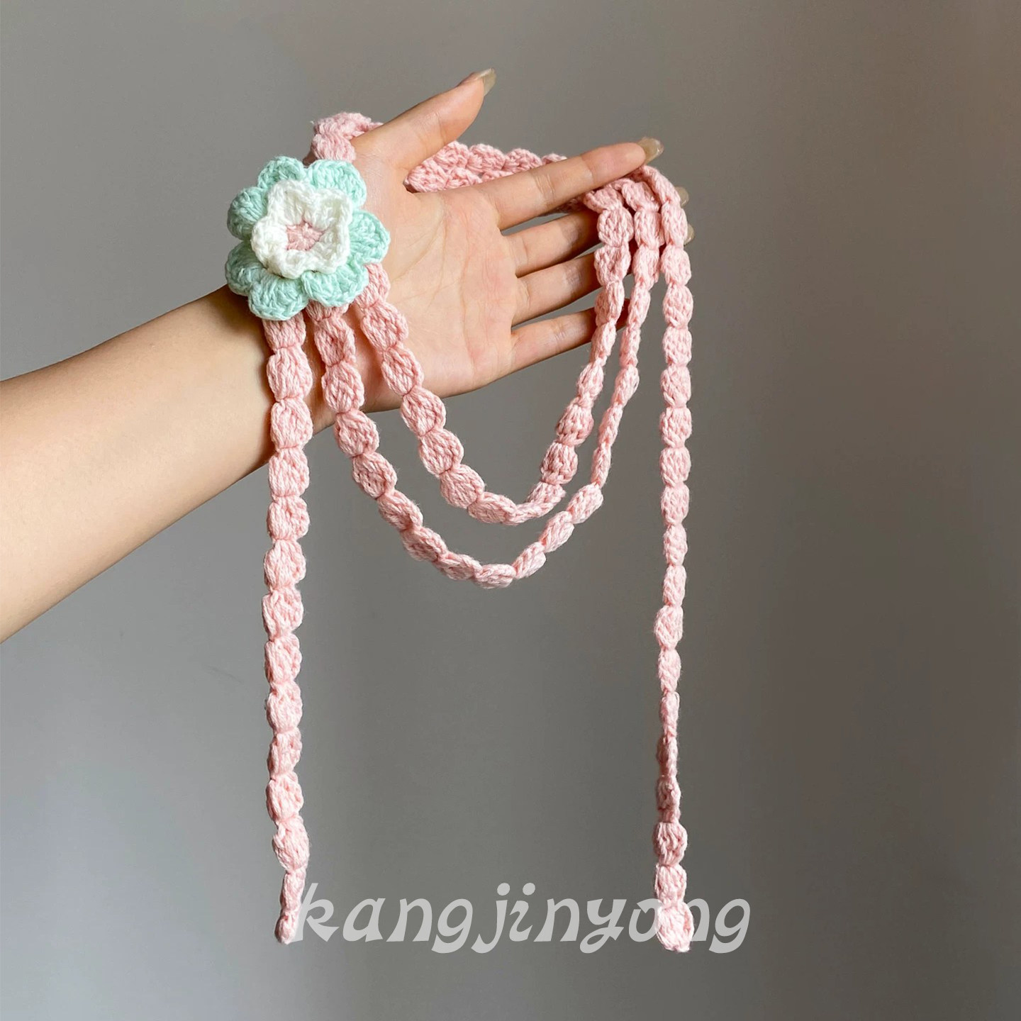 温柔粉调！浅粉色玫瑰花针织丝巾女花朵 甜美风系脖围巾腰带配饰