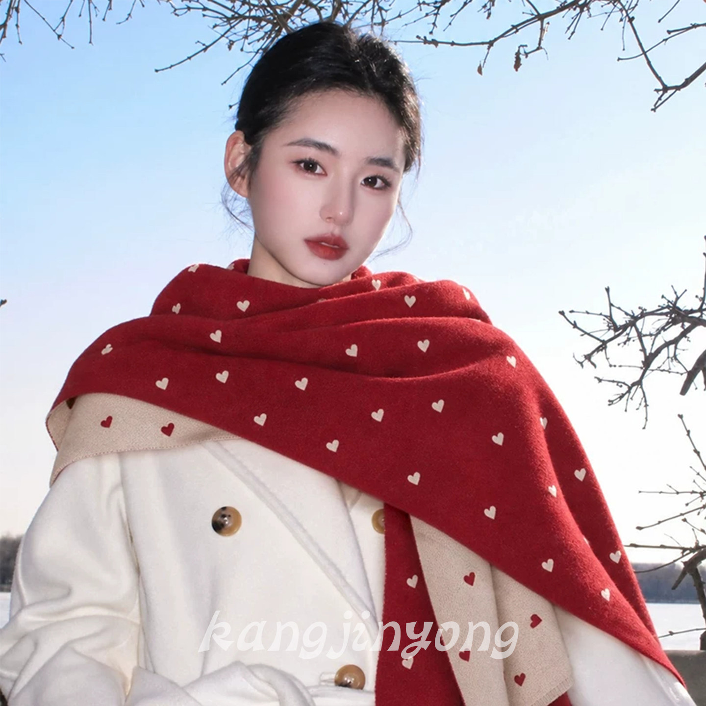 法式复古红色爱心围巾披肩女秋冬