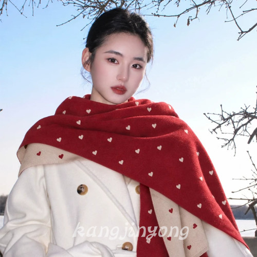 法式复古红色爱心围巾披肩女秋冬