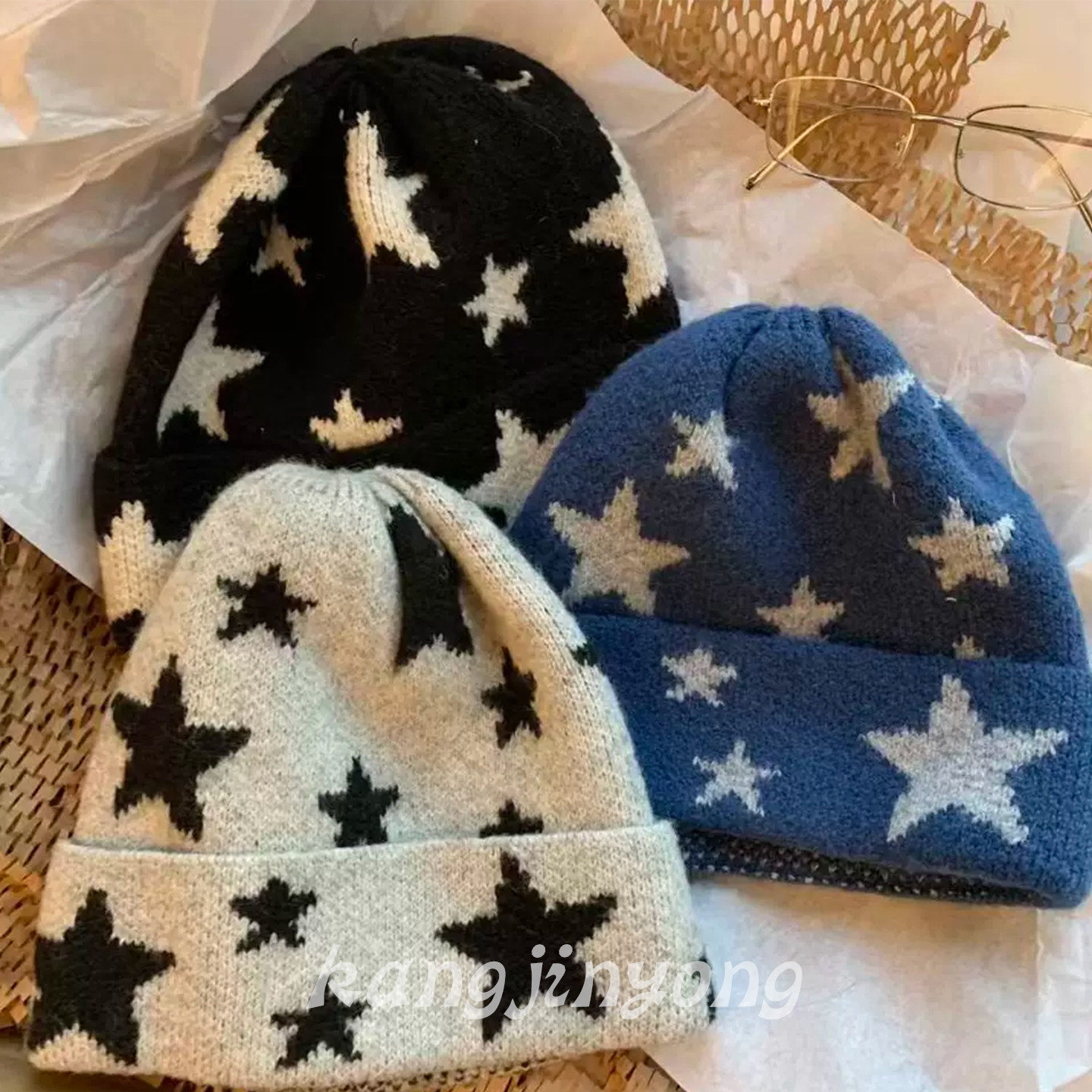 韩系温柔星星提花毛线帽秋冬日常