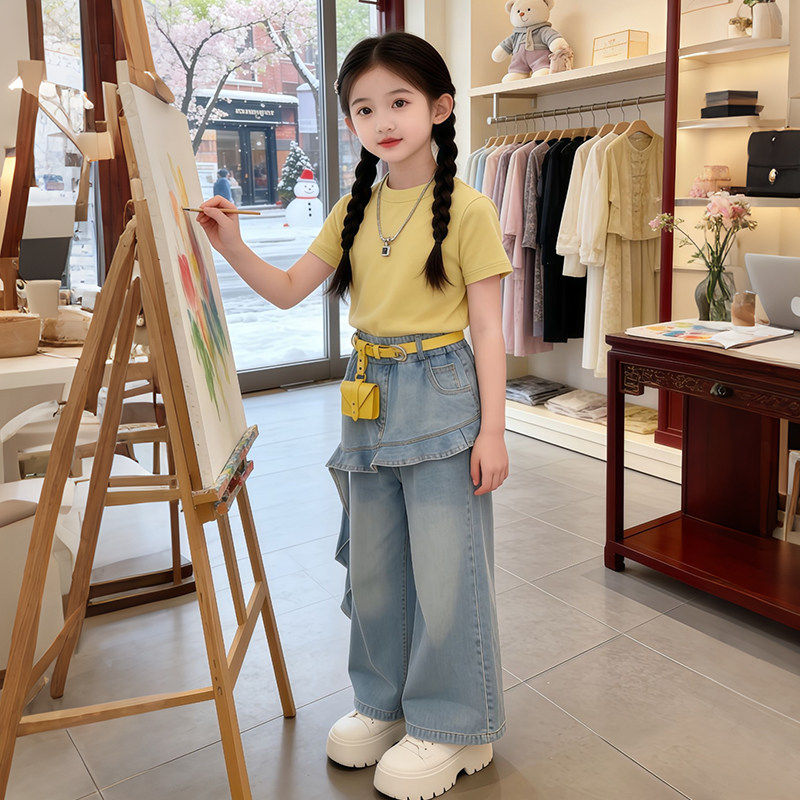专柜女童短袖T恤套装夏季2026新款儿童薄款夏装女孩屁帘牛仔裤两