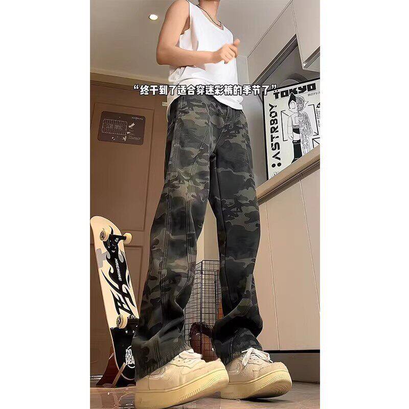 专柜美式迷彩工装牛仔裤男款春秋潮牌复古直筒高街vibe微喇休闲长
