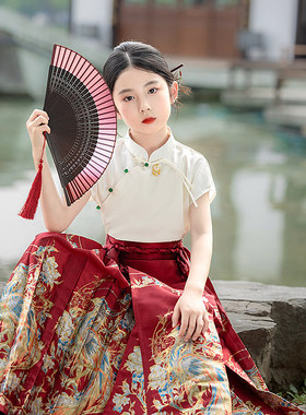 专柜女童红色马面裙夏款国风立领上衣搭配新中式汉服唐装高级感半