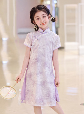 专柜女童旗袍绝美紫色高级洋气2026夏款短袖国风奥黛新中式日常连