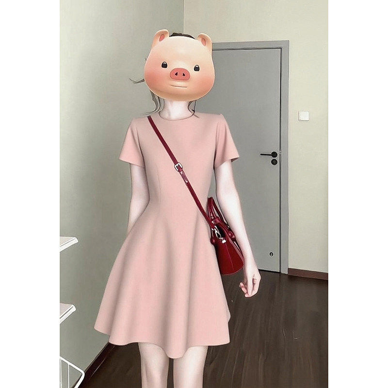 正品粉色短袖连衣裙子女夏季法式小个子高级感赫本风礼服收腰显瘦