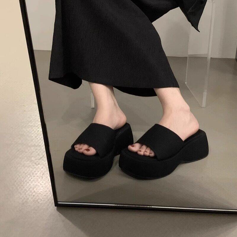 专柜拖鞋女外穿网红超火夏天高跟松糕增高夏季凉鞋厚底女鞋黑色凉