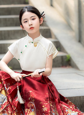 专柜女童红色织金汉服马面裙2026夏季短袖国风上衣小女孩唐装长款