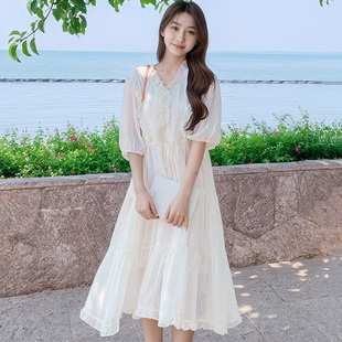 法式 收腰显瘦甜美中长裙 超仙木耳边白色雪纺连衣裙女夏季 2025新款