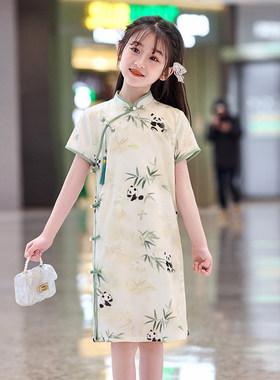 专柜高端绿色女童旗袍夏季小清新国潮新中式小女孩洋气连衣裙日常