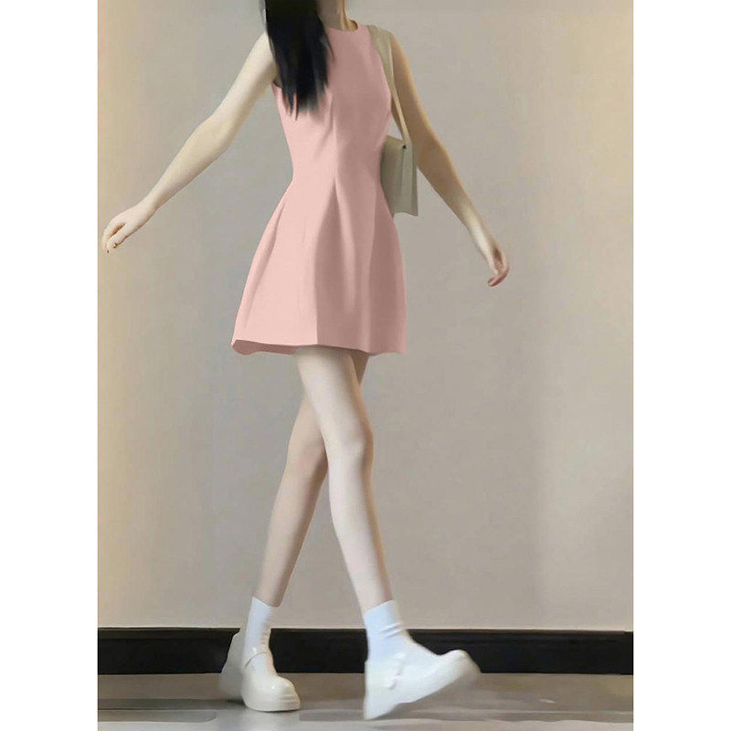 正品粉色无袖背心连衣裙子女夏季法式高级感小个子收腰显瘦礼服裙