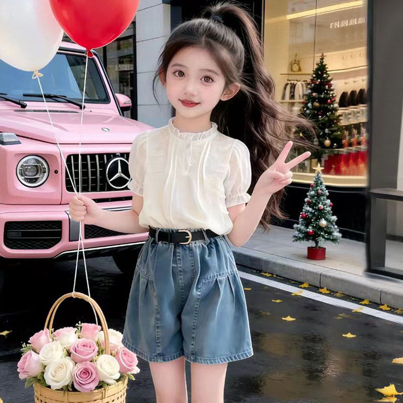 专柜女童短袖套装夏季2026新款儿童花边领上衣韩版女孩牛仔短裤两