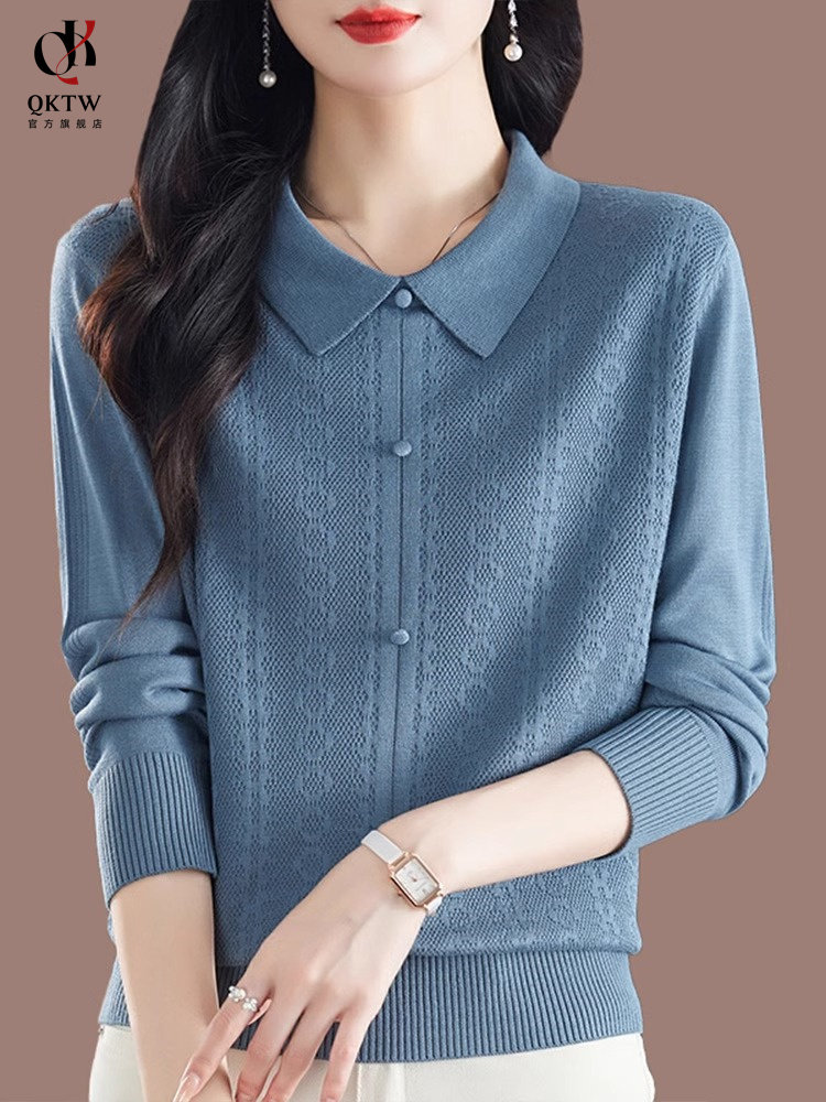 长袖t恤女士2025秋冬季妈妈款洋气减龄百搭休闲polo领针织打底衫