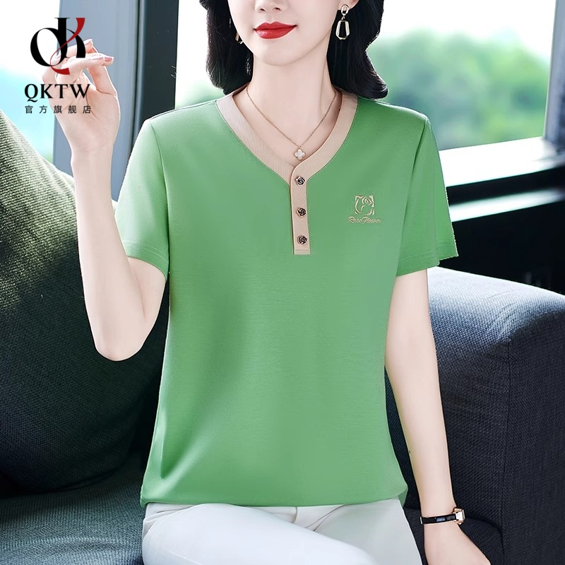 冰丝短袖女t恤2025新款夏季精致妈妈正肩大码女装时尚V领休闲上衣