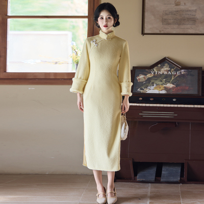 绝美黄色旗袍2025年新款秋冬加绒