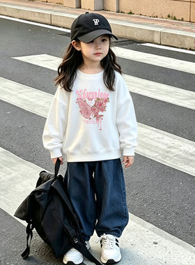 粉色蝴蝶白色女童圆领卫衣2026新款春秋冬季加绒男女孩中大童外套