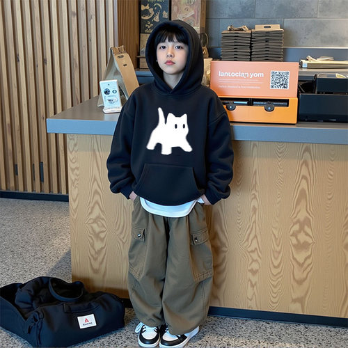 春秋季潮流猫咪男童连帽卫衣2026新款亲肤洋气儿童中大童黑色外套