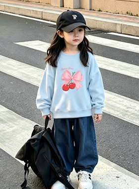 粉色蝴蝶结儿童圆领卫衣2026新款早秋季加绒男女孩中大童浅蓝外套