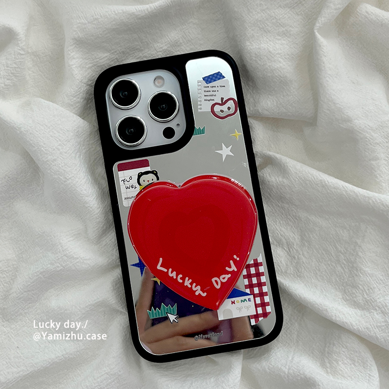 韩系ins卡通便签带支架适用苹果16手机壳镜面iPhone14pro小众16PRO新款补妆镜子13全包15ProMax女款12防摔11
