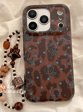 甜酷复古豹纹HelloKitty适用苹果17PRO手机壳带链条iPhone16ProMax可爱新款15pro女款小众13硅胶14防摔全包软