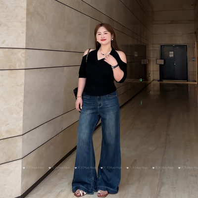 美式复古高腰不贴腿窄版微喇牛仔裤女新款大码直筒微喇长裤