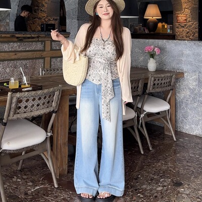 6737#浅色阔腿牛仔裤女夏季薄款复古水洗垂坠高级感拖地直筒裤