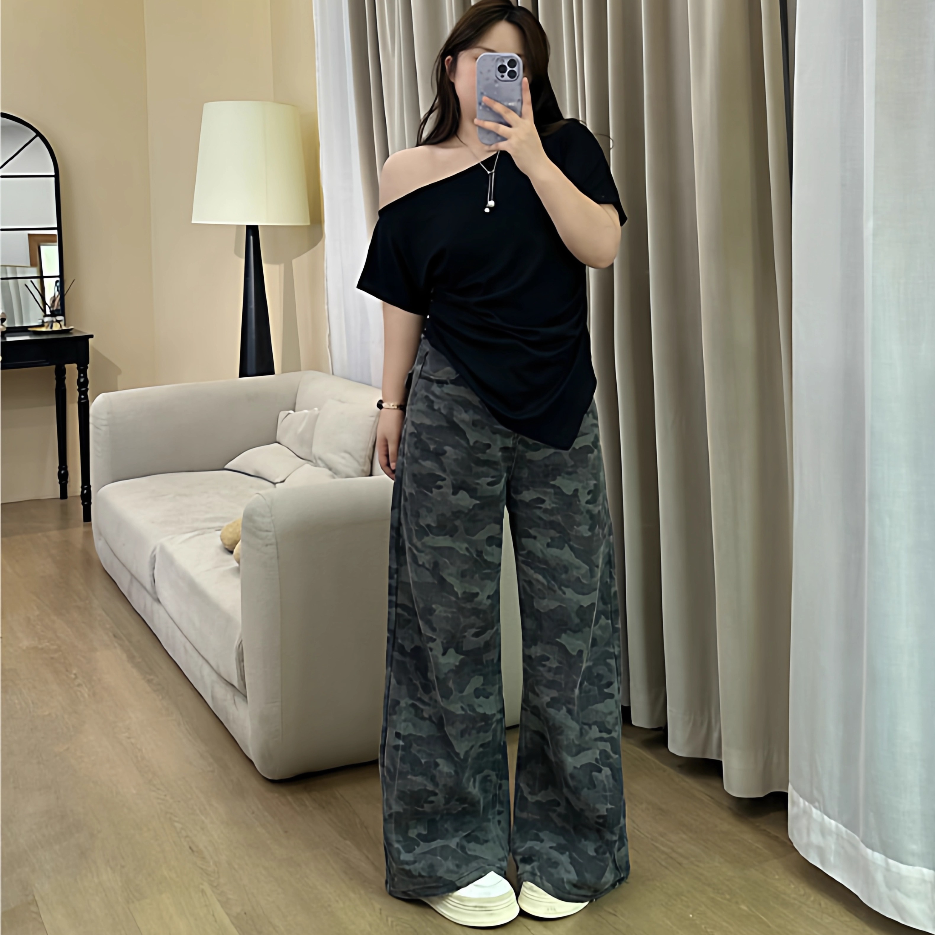 6707#梨形胖身材mm大码迷彩工装裤女新款高腰宽松阔腿显瘦牛仔裤