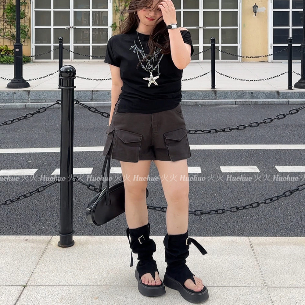 美式复古做旧纯色辣妹工装高腰显瘦两口袋百搭通勤超短裤女