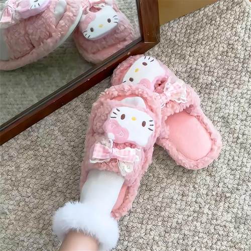 哈喽kitty毛毛拖鞋女外穿2025新款棉拖鞋毛绒一字拖居家秋冬学生