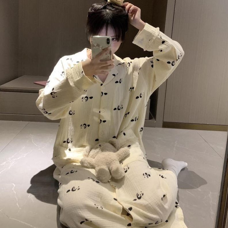 长袖睡衣纱睡裙女2024卡通春秋款新款熊猫绸秋季棉婴儿家居服纯棉