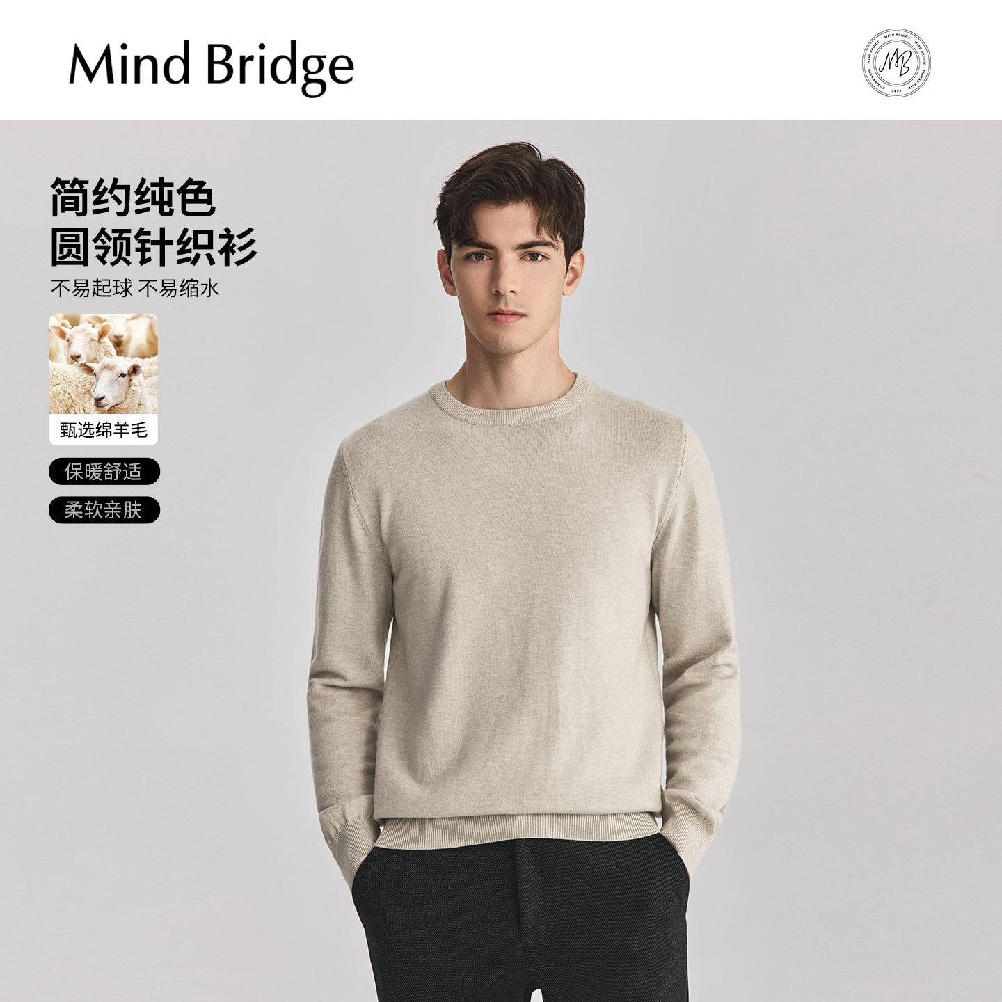 Mind Bridge【绵羊毛】2025年秋纯色休闲圆领毛衣男士针织打底衫