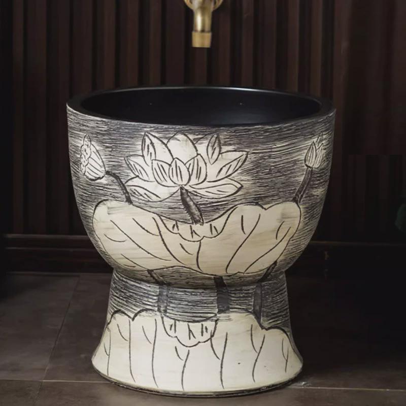 艺术陶瓷拖布池阳台洗拖把池墩布圆形落地式复古池户外地拖盆水池