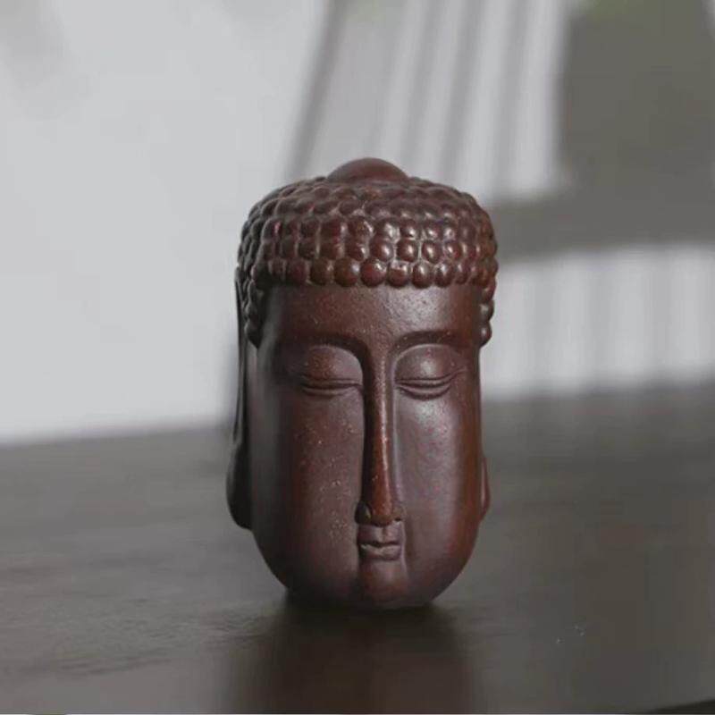 宜兴紫砂茶宠名家手工禅意佛头茶玩把件精品佛首盖置茶盘摆件可养