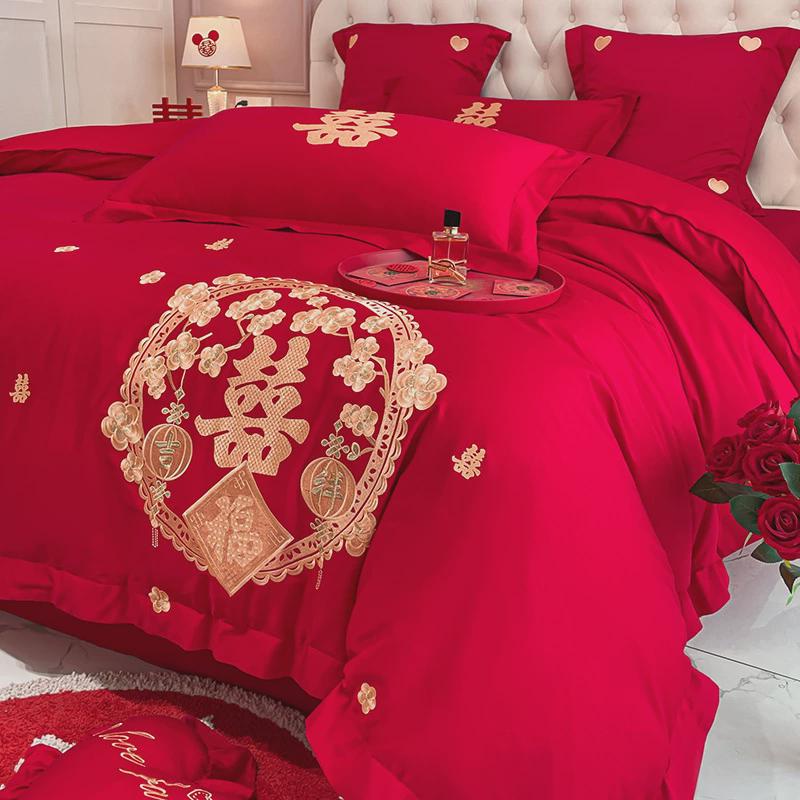 新款亲肤磨毛婚庆四件套龙凤刺绣床大红简约婚房喜庆品新婚床单