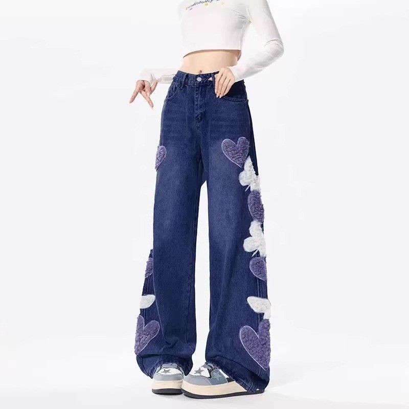 胖mm大码美式女胖妹妹设计感刺绣显瘦直筒阔腿,女装/女士精品,大码裤装,淘宝优惠券,粉丝福利购,淘宝优惠卷