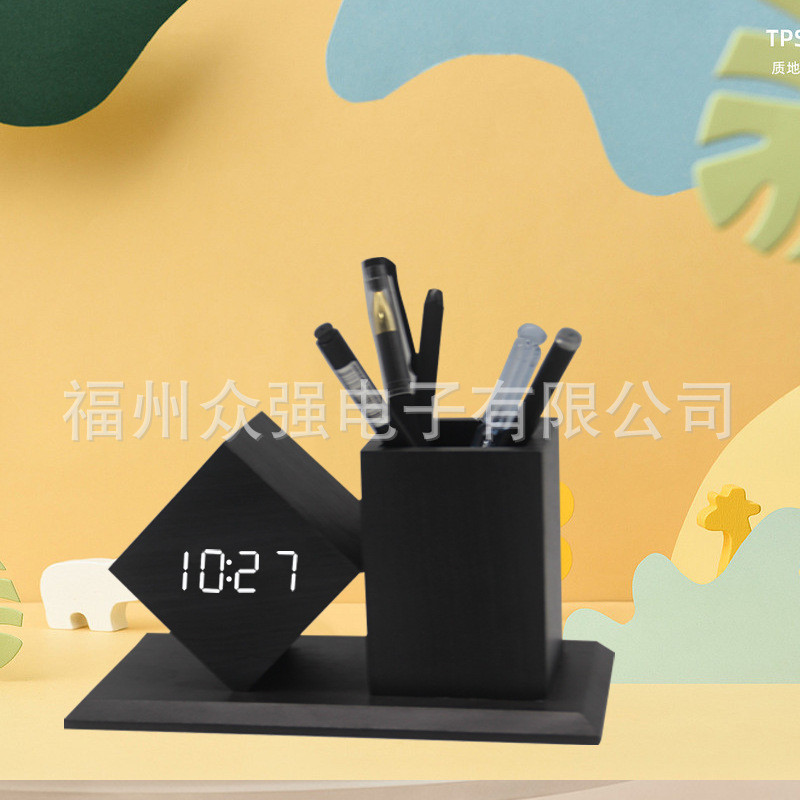 木质led声控数字笔筒闹钟学生用床头儿童桌面台式批发小摆件时钟
