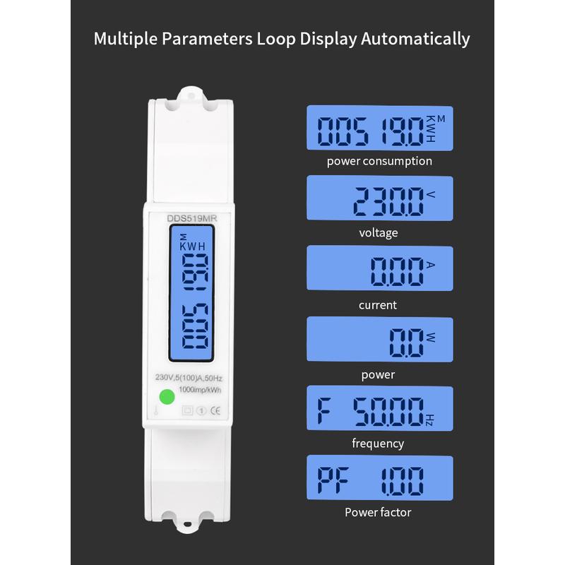DDS519MR多功能智能液晶背光单相导轨式电能表1P电度表RS485通讯