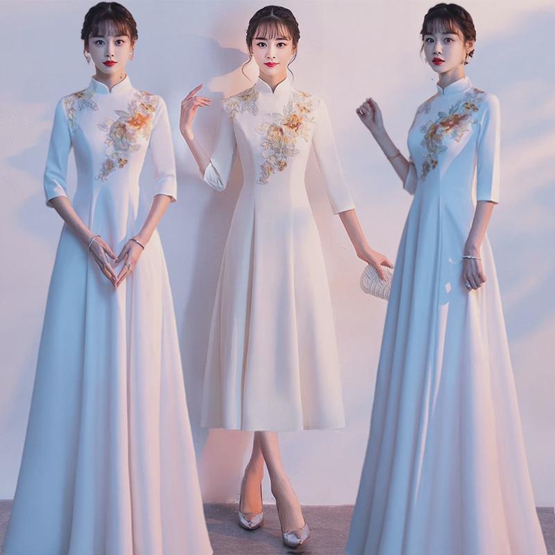 新款大摆礼仪中国风年会唱演出女中式伴娘服迎宾颁奖服