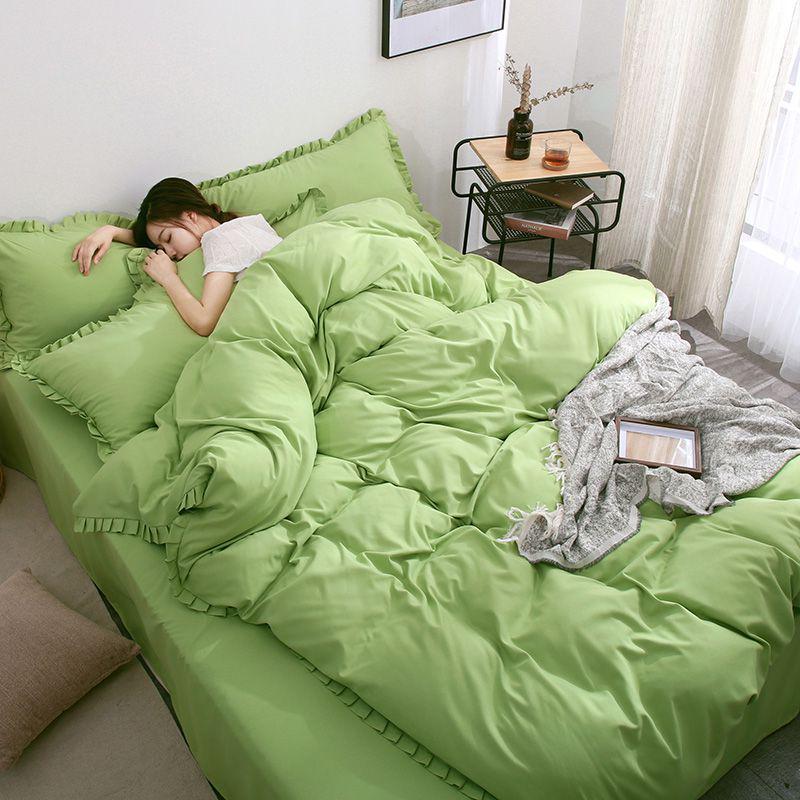 ins粉色少女心学生宿舍床上三件套被套四件套公主风床单床笠花边4