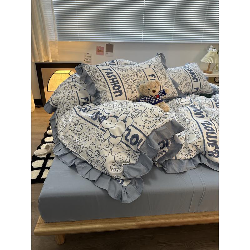 6b76韩系少女心被套ins风黑白花边复古水洗棉四件套床单1.8三件套