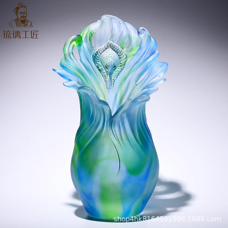 琉璃干花创意家居装饰品客厅电视柜工艺品插艺术摆件孔雀羽毛花瓶