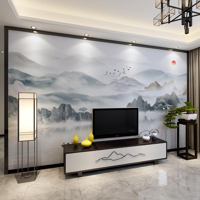 新中式抽象意境水墨山水墙纸酒店客厅电视背景墙壁布简约壁画艺术
