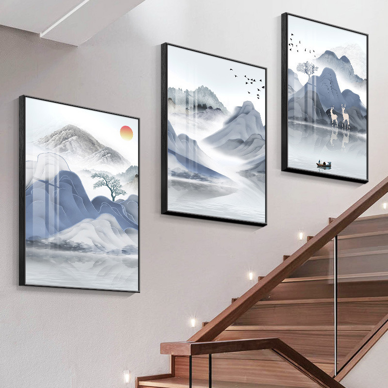 7yx批发楼梯间墙面装饰画新中式客厅三联画现代简约走廊挂画复式