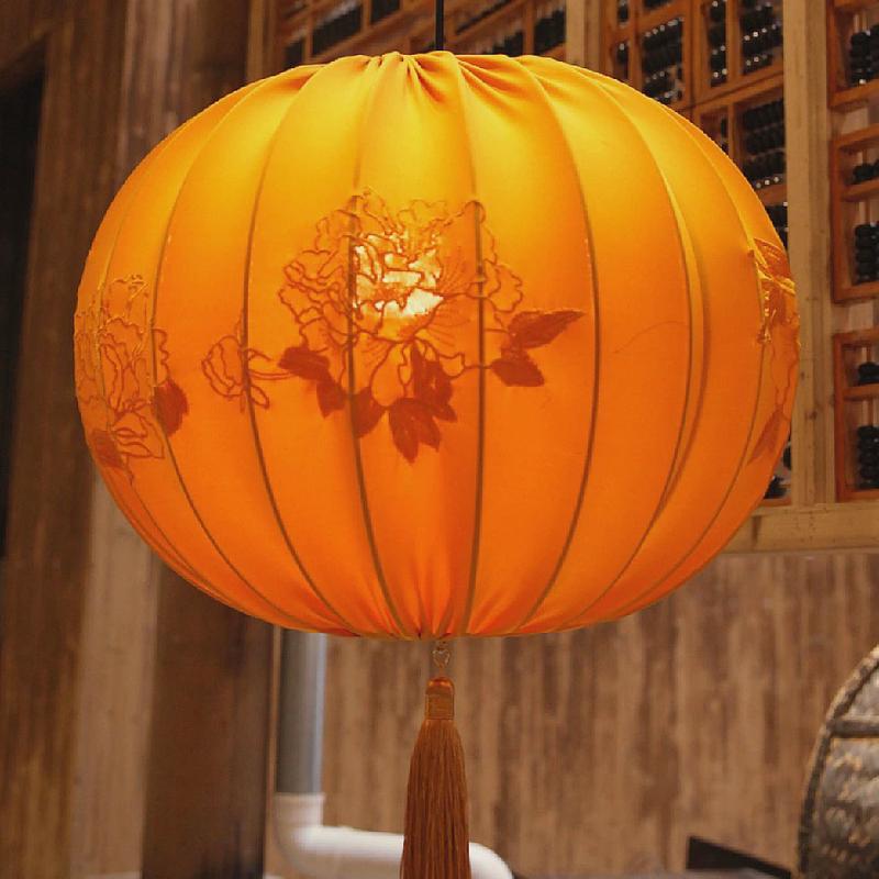 复古圆形刺绣走廊装饰吊灯新中式喜庆发光挂串结婚户外南瓜宫灯笼