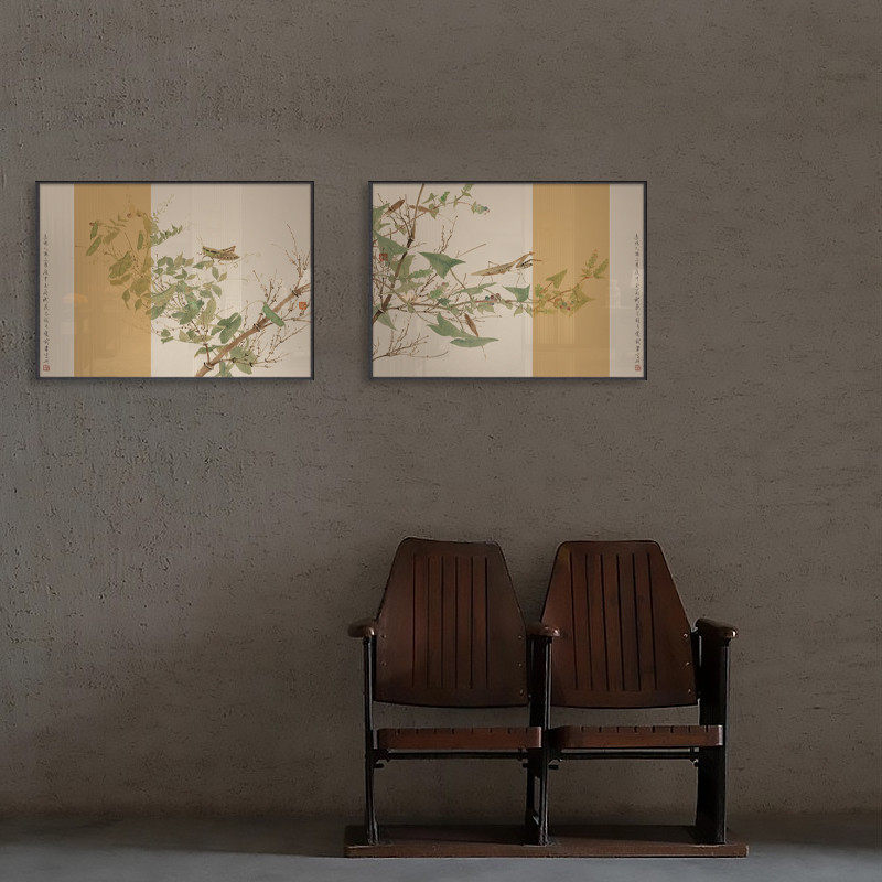新中式装饰画软装样板房挂画客厅玄关餐厅卧室过道两联工笔画