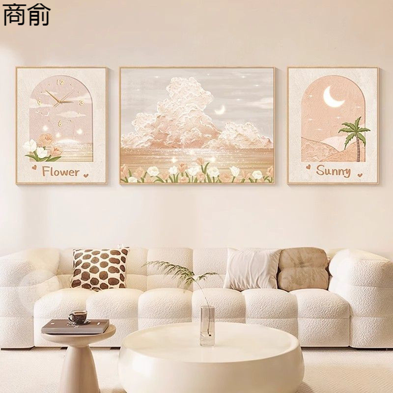 SY法式日出客厅挂钟餐厅钟表沙发背景装饰画挂画壁画奶油风高级感