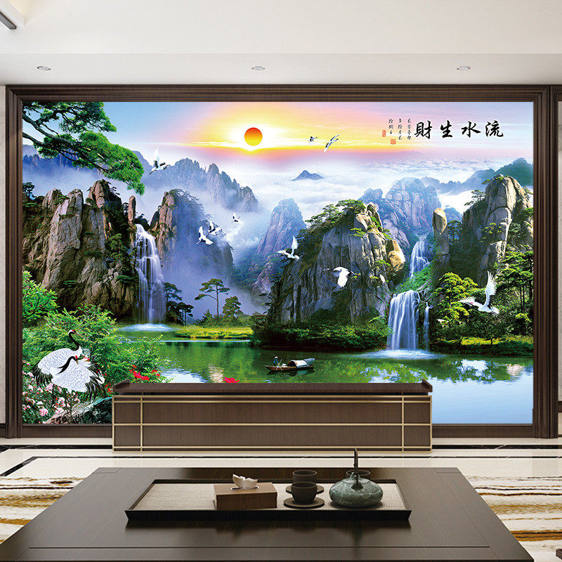 流水生财自粘山水风景客厅墙贴画电视背景墙贴纸年画墙面装饰墙纸