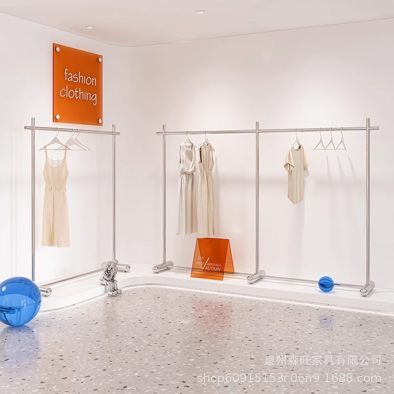 服装店展示架不锈钢拉丝中岛陈列可移动带轮女装店挂衣杆一撑货架